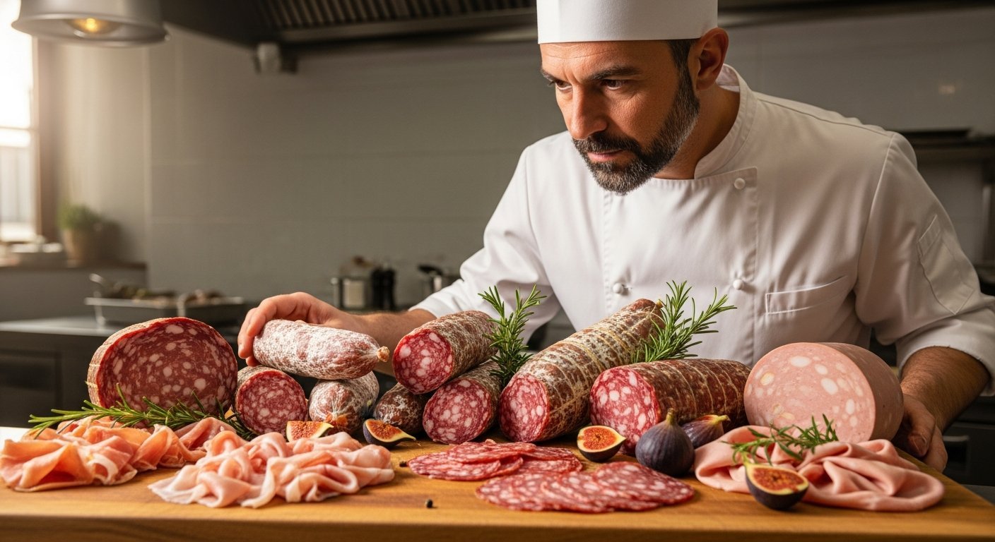 Chef professionista esamina la qualità dei salumi